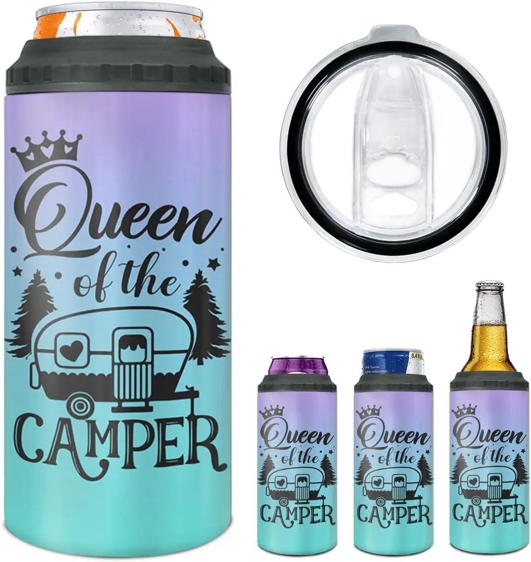 Queen of The Camper 4-in-1 Can Cooler Tumbler 16oz Stainless Camping Cup Gifts For Women Campers Friends