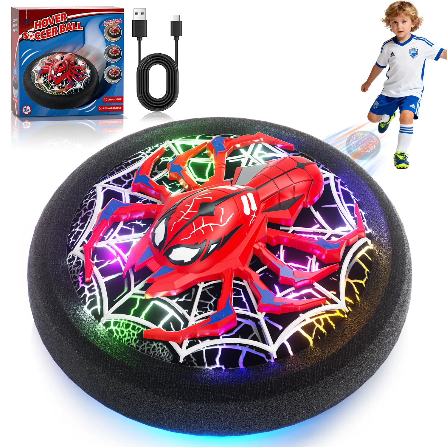 Rechargeable Spider Hover Soccer Ball with LED Lights Add Sparkle, USB Battery, Indoor Fun Holiday Gift Idea for Age 3+ Kids, Sports Toy for Boys & Girls, Hover Soccer Ball Games