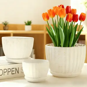 3-Size White Speckled Ceramic Light-Glazed Flower Pots - Vertical Ribbed Texture, With Saucer, Perfect For Sunflowers/Large Plants, Bright Outdoor Indoor Garden Decor Planters