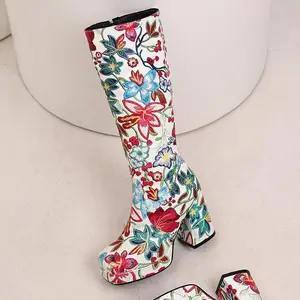 AOSPHIRAYLIAN  Knee High Floral Boots Platform Chunky High Heel Knee High Boots Zip Up Flower Boots