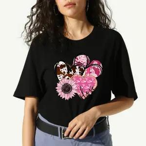 women's T-shirt Heart Flower Love Solid color printed short sleeved women's top White, black, khaki Fashion daily women's clothing