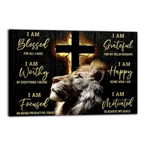 Lion & Cross Printed Poster Home Office Decoration Canvas Decorative Paper Wall Picture Modern Home Decoration Bathroom