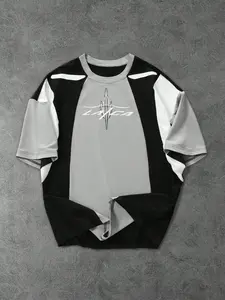 1PC TikTok Trendy Men's Oversized Graphic Tee, Aesthetic Patchwork Black Grey White Shirt, Edgy Streetwear Casual Short Sleeve Top for Men
