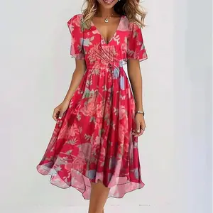 Womens Boho Floral Printed Chiffon Dresses 2025 Summer Elegant V Neck Short Sleeve Belted Summer Wedding Prom Midi Dress