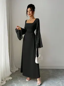 New Season French Long Sleeve Square Neck Women's Dress, Slim-Fitting Elegant Embroidered Mesh, Casual Fashion Style