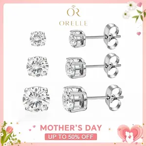 3Pairs-14k Gold-Plated 5/6/7MM Solitaire Four Prong Earrings Butterfly Back Lab-Created CZ Stud Earring S925 Sterling Silver Moissanite Jewelry Perfect Birthday Mother’s Day Christmas Gift for Men Women Wedding Set Round aretes elegantes party daily wear