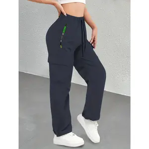 Women's Multi-Pocket Zipper Workwear Straight Leg Pants – Drawstring Elastic Waistband, Breathable Lightweight Loose Fit, High Waisted Slimming Casual Trousers for Daily, Work & Outdoor – Multiple Colors