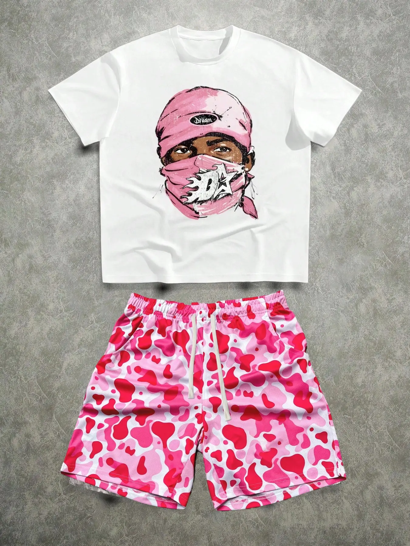 Men's Short-Sleeve Shirt & Shorts Set, Clothes, Featuring Cartoon Graphics and Pink Camouflage Shorts. Versatile for Streetwear, Daily Commuting, Casual Outings. Ideal Gift for Fathers, Husbands, Boyfriends