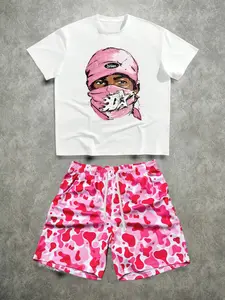 Men's Short-Sleeve Shirt & Shorts Set — Featuring Cartoon Graphics and Pink Camouflage Shorts. A Versatile Look for Streetwear, Daily Commuting, Casual Outings, and Back-to-School Style. An Ideal Gift for Fathers, Husbands, or Boyfriends.