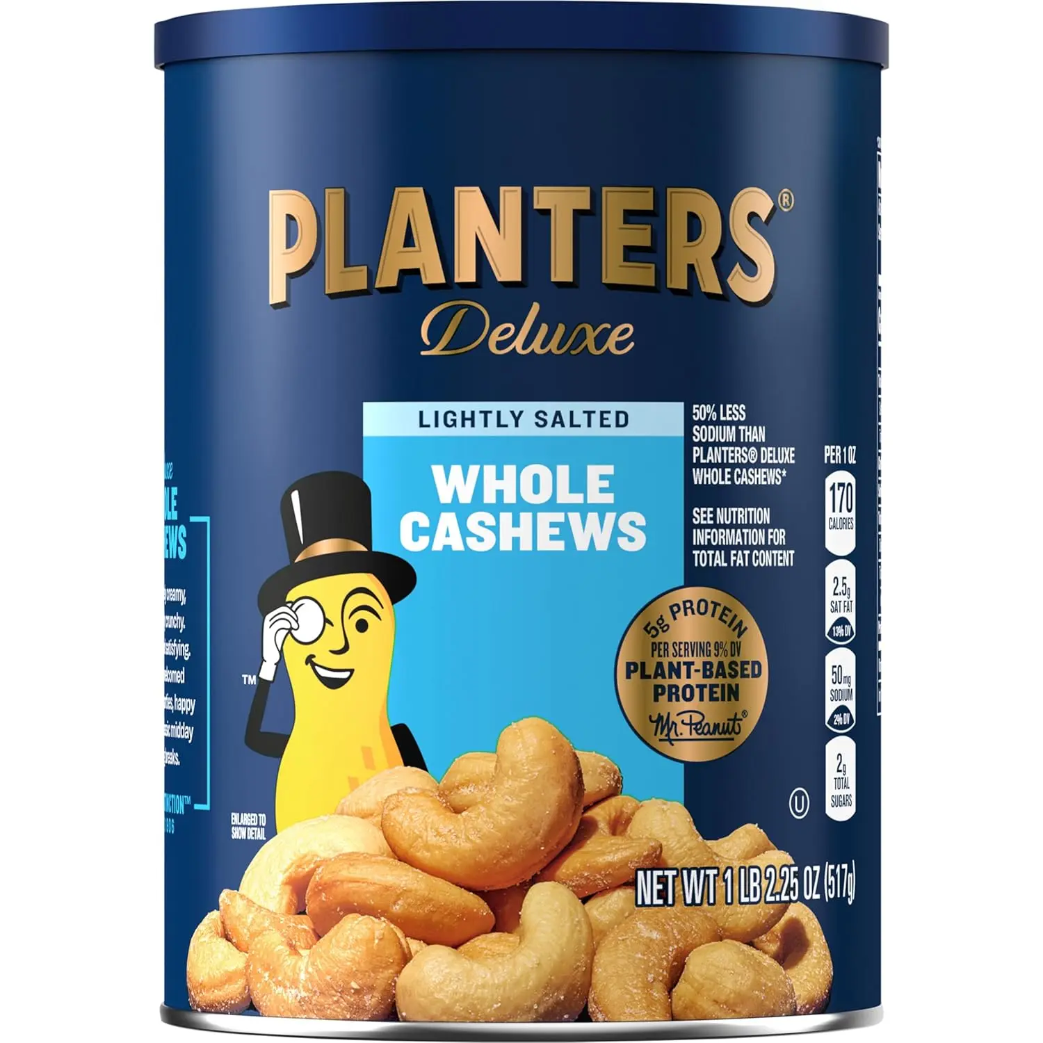 Deluxe Lightly Salted Cashews, Plant Based Protein, 18.25Oz (1 Ct) | Whole Roasted Cashews. Snacks for Adults. Resealable Canister. Plant Based Protein Snack. Pantry Staples
