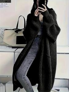 women's long plus size thick knit cardigan with pockets, loose-fitting long sleeve sweater coat for fall & winter