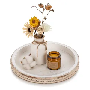 Round Wooden Decorative Tray: White Washed Bead Tray Decor for Coffee Table Centerpiece Rustic Farmhouse Tray for Kitchen Counter Living Room Decoration