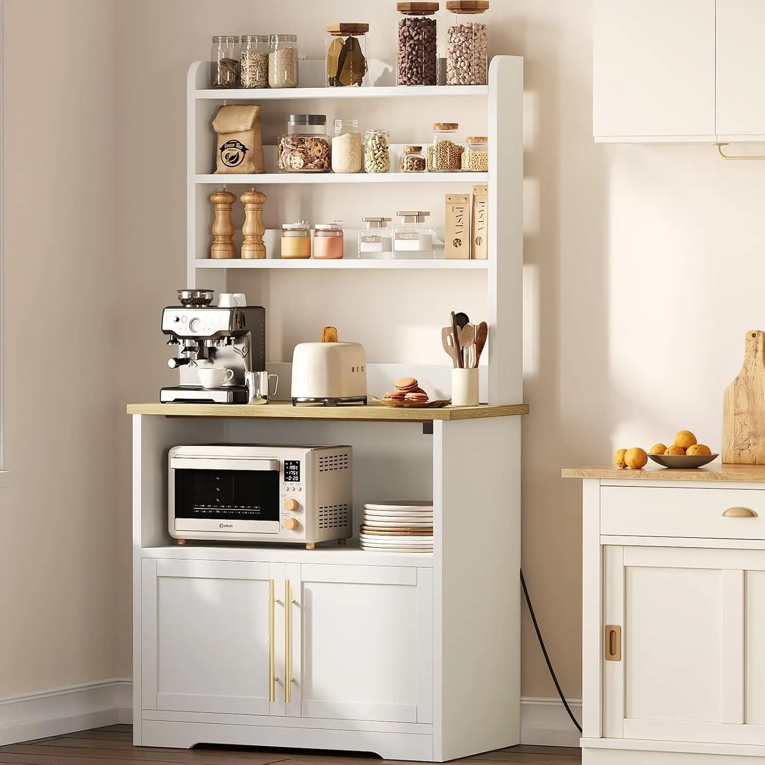 GARVEE Farmhouse Microwave Stand Bakers Rack  With Power Outlet, 63" Freestanding Bakers Rack With Thickened Counter,  Small Kitchen Bakers Rack With Storage Cabinet, Easy Assembly,White Peer Wood