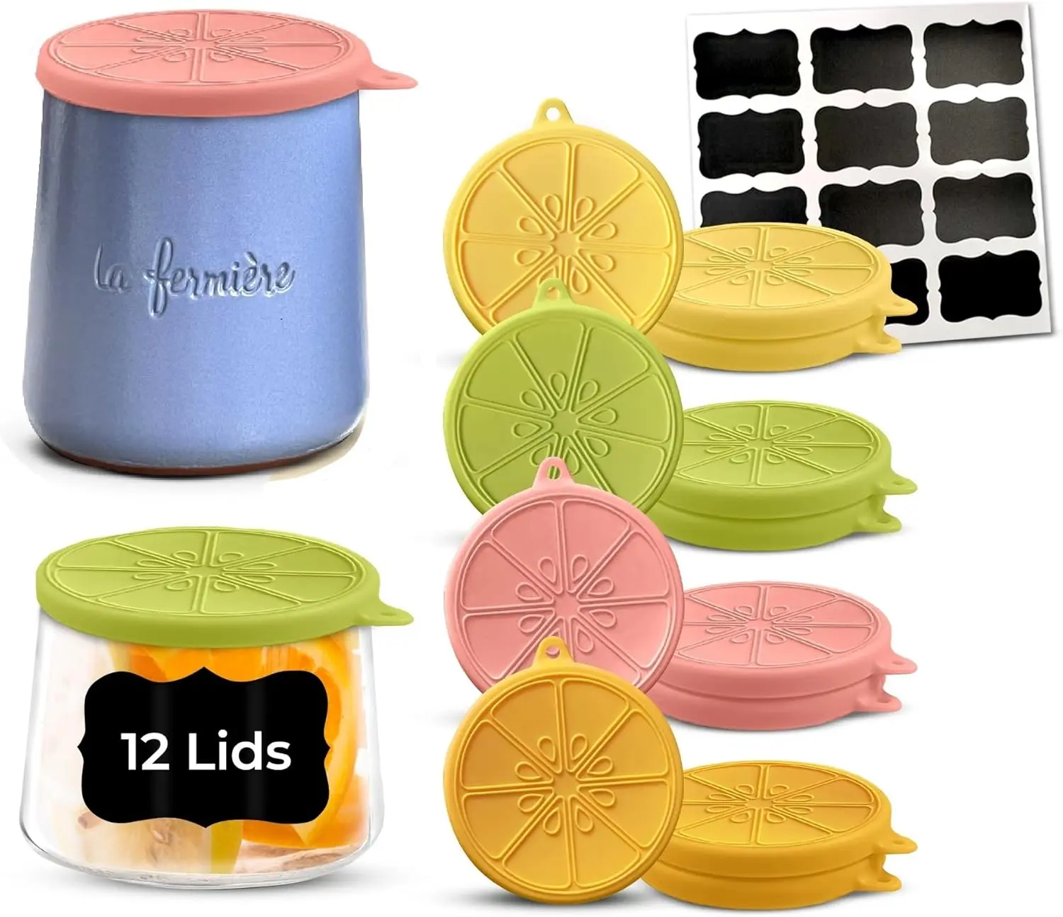 La Fermiere Yogurt Jar Lids| 4 or 12 piece sets| Bamboo, Stainless or| Reusable,, Food-Safe, Airtight & Spill-| 12 pcs Set Light Citrus Colors