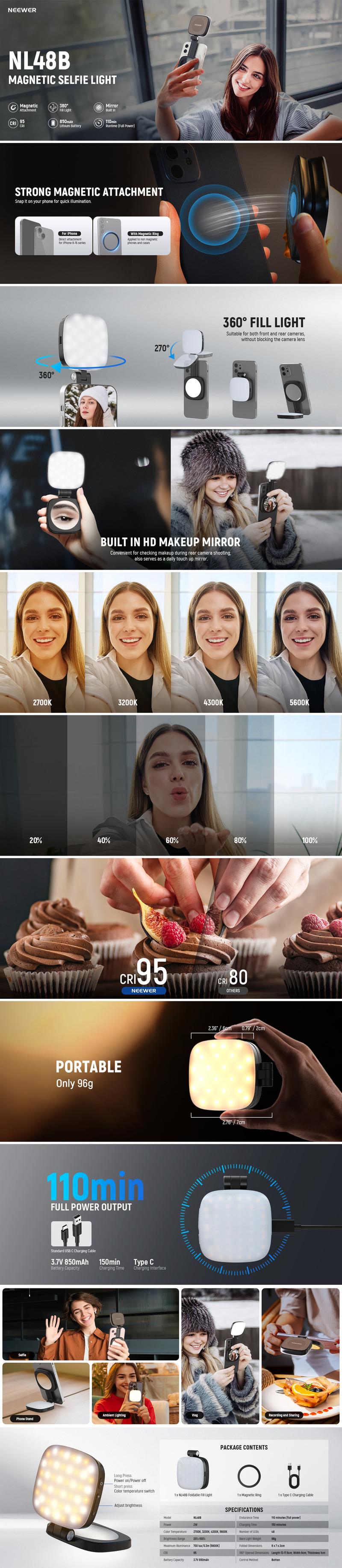 NEEWER BASIC NL48B Magnetic Selfie Light Compatible with MagSafe iPhone, Folding LED Ring Fill Light with Mirror and Stand, Portable Indoor and Outdoor Lighting for Party Makeup Selfie Photography and Video Recording NEEWER BASIC NL48B Magnetic Selfie Light Compatible with MagSafe iPhone, Folding LED Ring Fill Light with Mirror and Stand, Portable Indoor and Outdoor Lighting for Party Makeup Selfie Photography and Video Recording