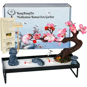 Mini Zen Garden Kit Decoration for Desk - Beautiful Plum Blossom Zen Sand Rock Garden, Unique Home Office Desktop Zen Decor Statue Ornament Japanese Gifts for Women Lady Friends,Iron Crafted Meditation Therapy Tray Natural Rake Bonsai Tree Decorative