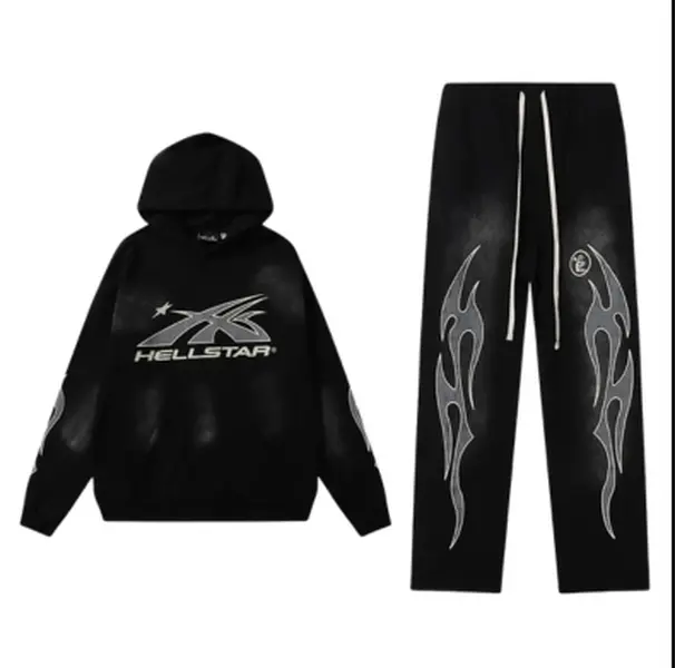 Hellstar Flame Black Tracksuit, Oversized Y2K Graphic Hoodie & Sweatpants Set, Streetwear Matching Outfit