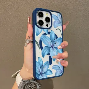 Magnetic Case for iPhone11/12/13/14/15/16/17promax Blue Lily Flower Colorful Ready Ultra Thin Shockproof Cute Pick for,  Magnetic Phone Accessory, Trendy Pick, Floral Design, Durable Case, Iphone Cover, Fashion Lovers, Tech Enthusiasts