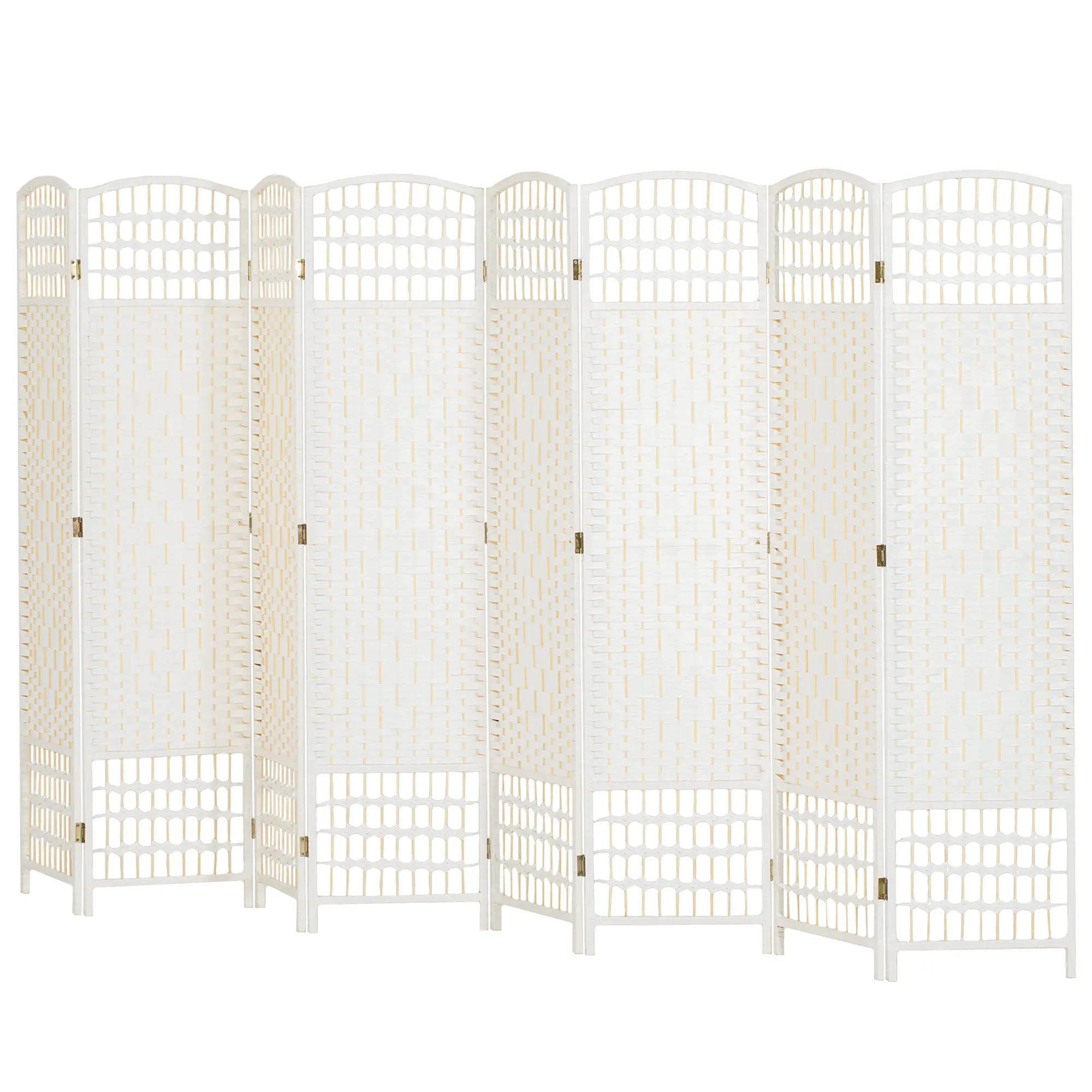 White 8 panel folding screen for large room divider 126 inches long opens instantly no tools hand woven paper rope