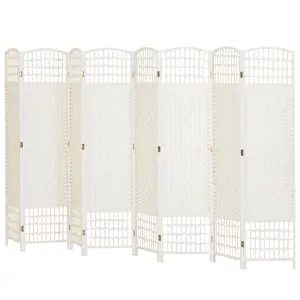 White 8 panel folding screen for large room divider 126 inches long opens instantly no tools hand woven paper rope