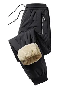 Men's Winter Warm Cotton Casual Pants, Fitted Drawstring Waist, Thick Lined Long Trousers with Pockets, Zipper Fly, Plain Style