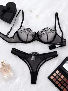 Women's V-Neck Mid-Waist Black Floral Embroidered Sheer Lace Lingerie Set - Chic Holiday Style, Elegant Fabric, Ideal for Special Moments
