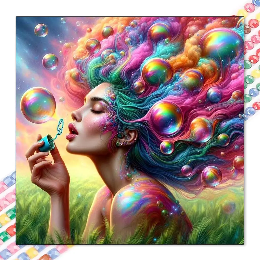 1 DIY diamond painting kit, 5D diamond art set, Diamond Art Tools, DIY decoration, rainbow bubbles, colorful hair, green grass diamond painting kit with full round diamonds, mosaic, diamond art, DIY art home decor, suitable for Christmas.