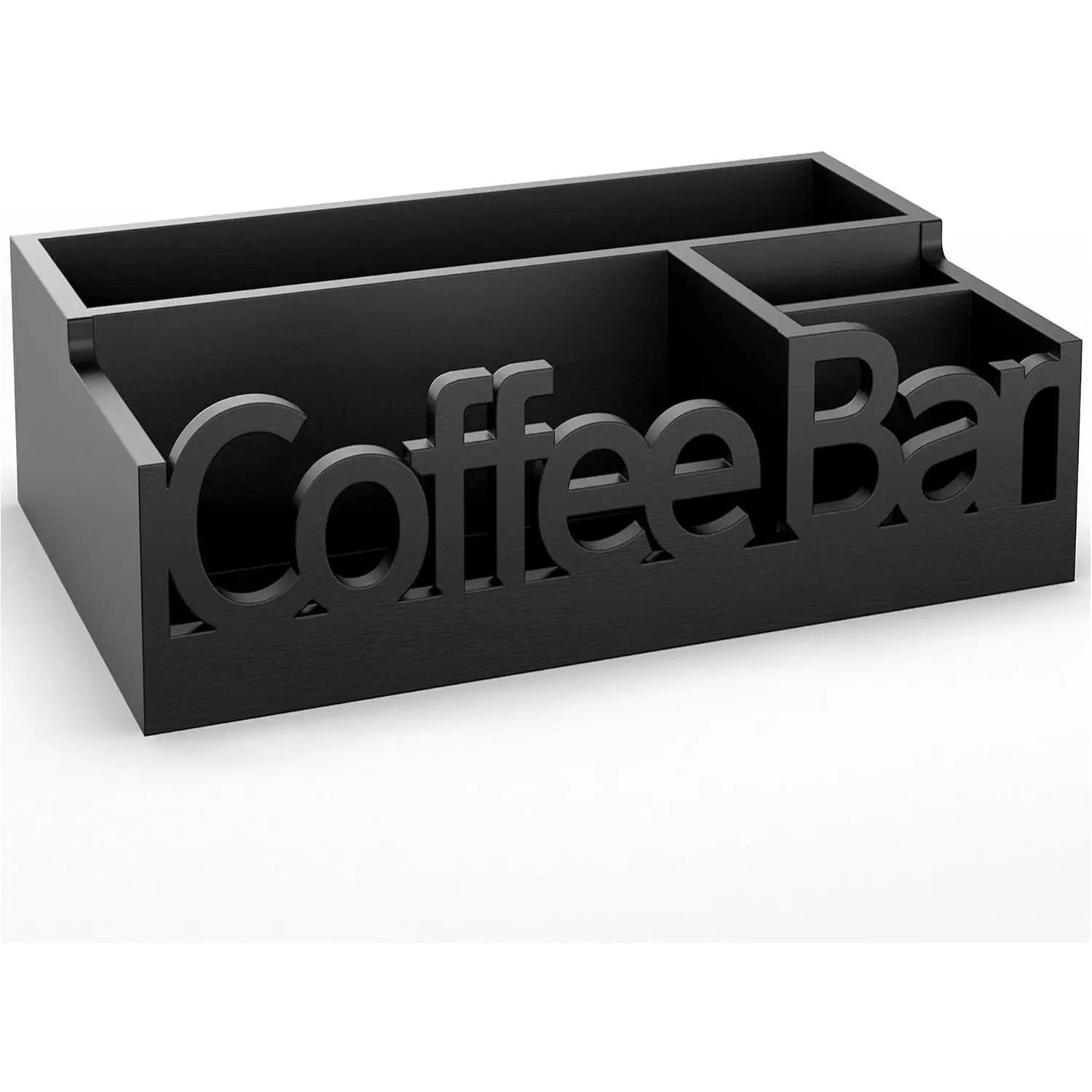 Coffee Bar Organizer Countertop,Wood Caddy with Compartments for Pods,Black | Coffee Pods, Sugar Packets, Stir Sticks & Cups