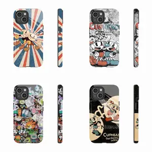 C-Cuphead Retro Radial Blast Cartoon Mobile Phone Case for iPhone 16 Pro Max, PC TPU Glass Dual Layer Anti-Fall Cellphone Protective Cover for iPhone 16/15/14/13/12/11 Pro Max/Plus