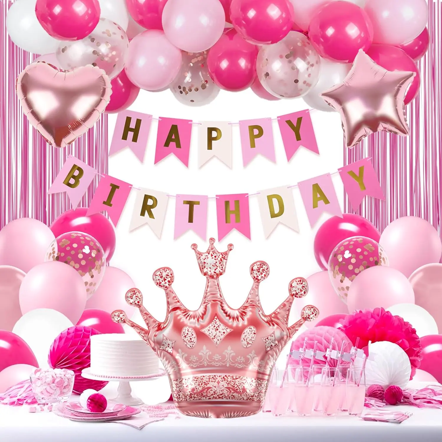 Women's Hot Pink Happy Birthday Decoration Kit - White & Light Pink Balloons, Square Banner, Fringe Curtains, Arch Stand, Elastic Band, Letters - Adult Party Supplies for 21/25/27/30/35/40/50/60 Milestones, Christmas, Housewarming