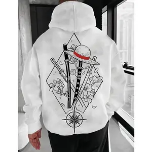 One Piece Manga Hoodie, Minimalist Manga-Inspired Sweatshirt, Iconic Straw Hat Design, Perfect for Anime Enthusiasts, Classic Cotton Menswear Top