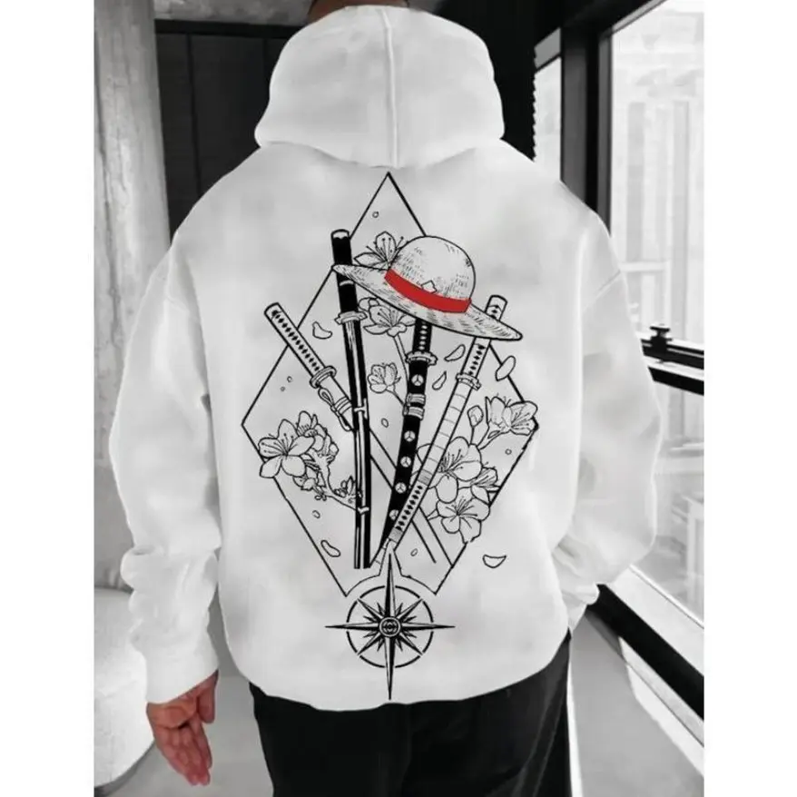 One Piece Manga Hoodie, Minimalist Manga-Inspired Sweatshirt, Iconic Straw Hat Design, Perfect for Anime Enthusiasts, Classic Cotton Menswear Top