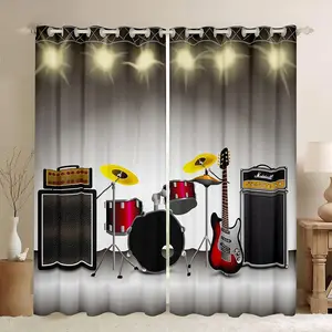 Rock Music Curtains for Bedroom Living Room Electronic Musical Instrument Curtain Guitar Drum Speaker Window Drapes 2 Panels