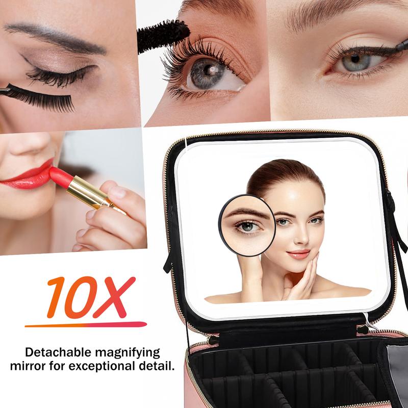 Makeup Bag with LED Mirror | Travel Cosmetic Organizer with Adjustable Dividers & Brush Storage