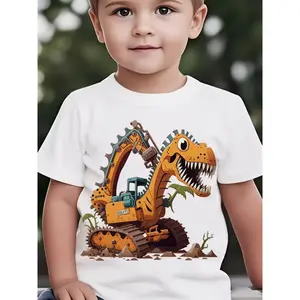 Boys' Fashion Short Sleeve Dinosaur Excavator Element Print Outdoor Casual Top