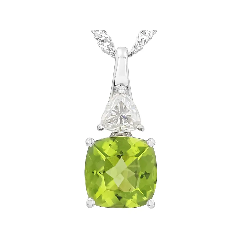 JTV Green Peridot with White Moissanite Rhodium Over Sterling Silver Pendant with Chain 2.65ctw