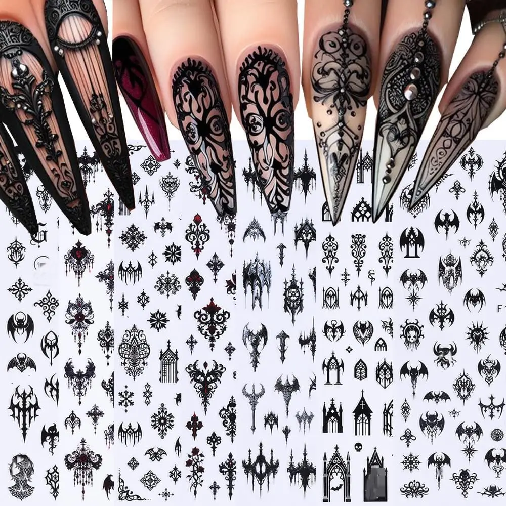 7 Sheets Black Gothic Self-Adhesive 3D Nail Stickers - Witchy Halloween Horror Supplies for Women's Short Nails DIY Manicure Decoration Accessories