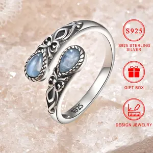 Women's Adjustable 1pc Open-End Ring - Silvery Plated, Ethnic Sculpture Design, Double Teardrops Blue Synthetic Stone, Bohemian Look, Personalized Fit Elegant Costume Jewelry Accessory