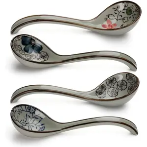 Set of 4 Ceramic Porcelain Japanese Long Handle Soup Spoons for Pho Ramen Noodles Wonton Dumpling Rice (Model 2#)