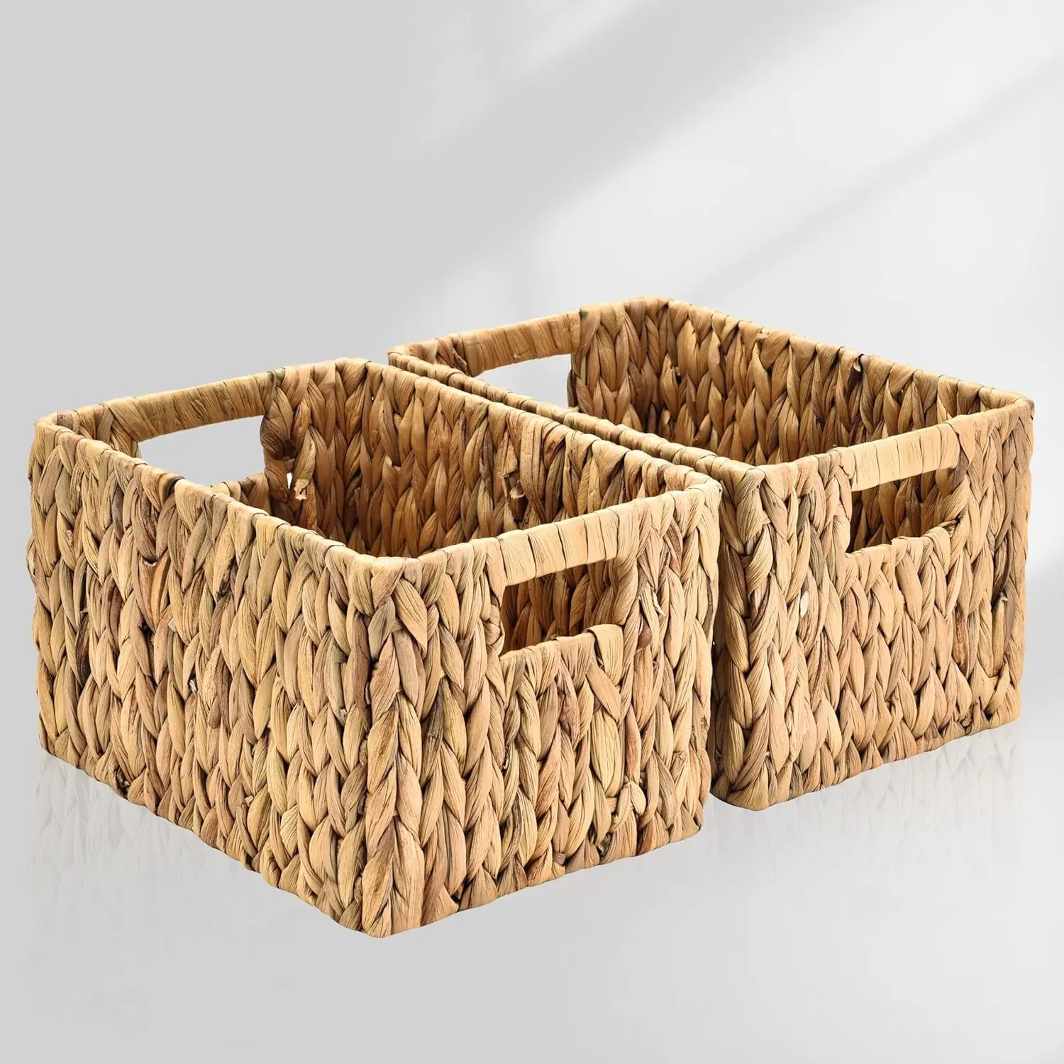Water Hyacinth Rectangular Wicker Baskets, 12" Wicker Basket 2 Pack, Woven Storage Baskets with Handles