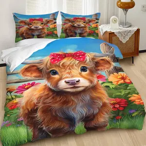 2/3Pcs High Altitude Cow Baby Bow Pattern Duvet Cover Set, Healing Countryside Style Bedding Set, Retro Trendy and Sweet Cool Atmosphere, Trendy and Vibrant Bedroom Decoration, Includes 1 or 2 Pillowcases - No Pads/Zipper Closure