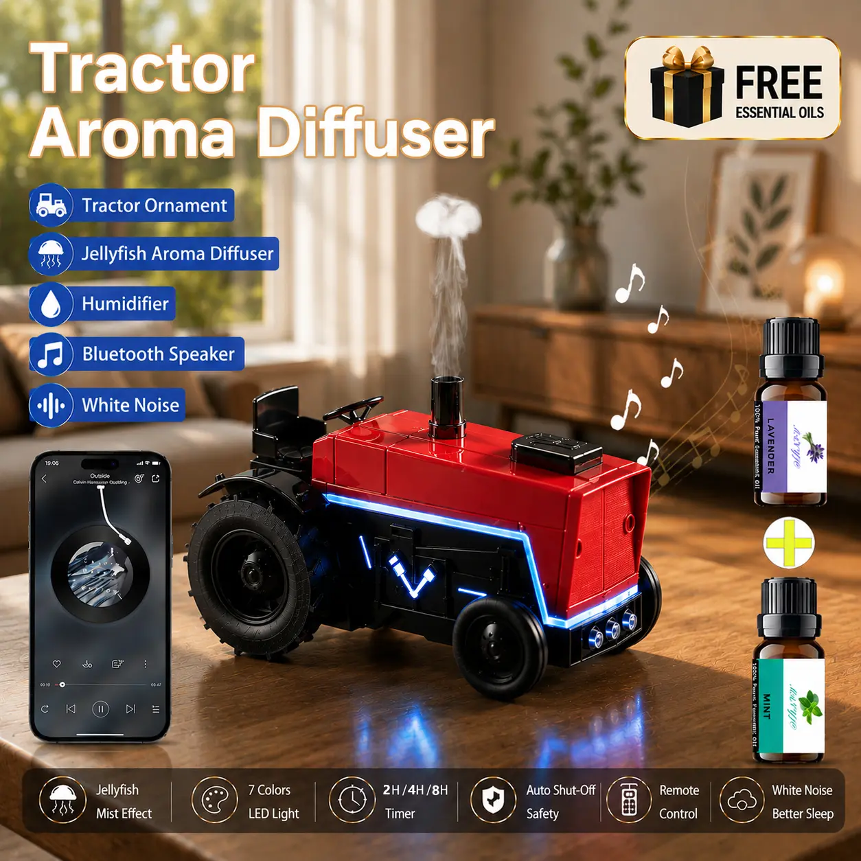 Vintage Tractor Humidifier Diffusers - Cool Mist Desktop Humidifier with Retro Look, Bluetooth White Noise, Timer, Remote, Jellyfish Smoke Ring Mist for 12m² Room, Ideal Birthday Housewarming Gift,back to school,back to school haul