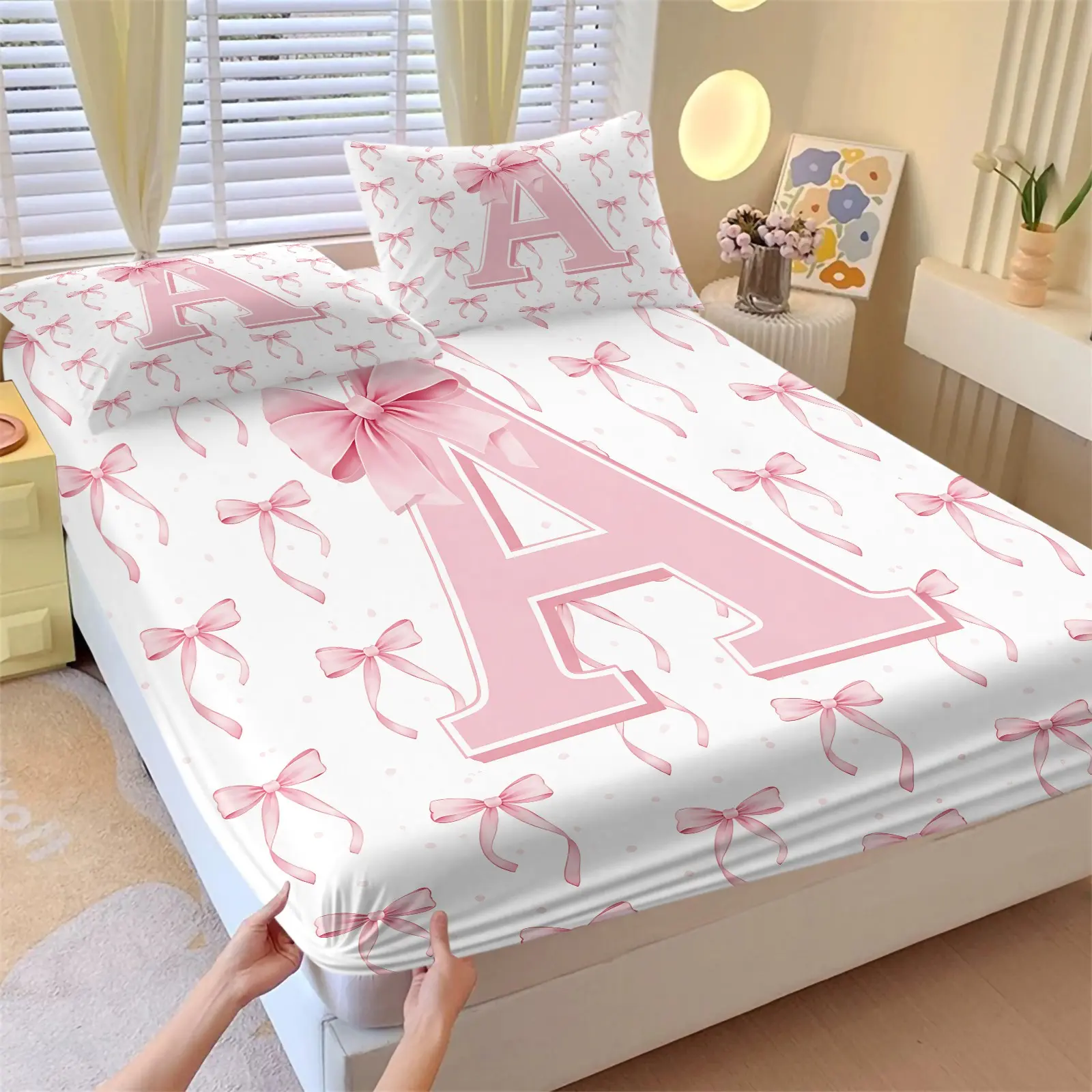 Monogram Letter A Bow Print Fitted Sheet Set, 1 Fitted Sheet + 2 Pillowcases, Soft Microfiber All-Season Bedding, Breathable & Skin-Friendly Fabric, Deep Pocket & Non-Slip Bed Cover, Perfect for Bedroom Aesthetic & College Dorm, Bed Sheets