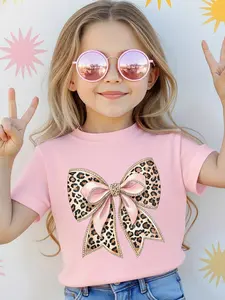 Girls' Leopard Bow Print Casual Sports T-Shirt, Short Sleeve, Comfortable Soft Fabric, Loose Fit, Perfect Gift for Children, Animal Print Shirt
