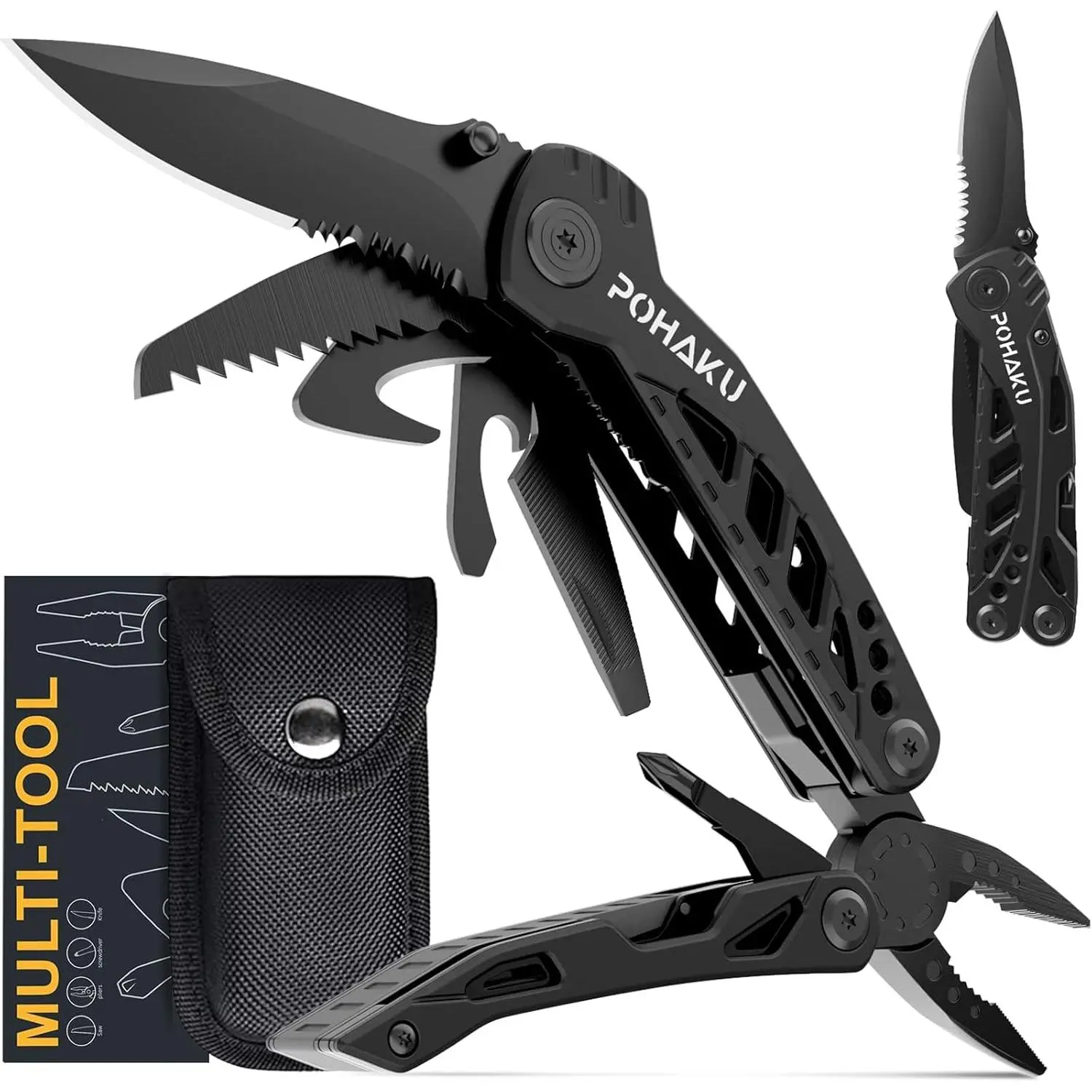 13-in-1 Multitool with 3" Large Safety Locking Blade, Action Plier, Nylon Sheath for Camping, Fishing
