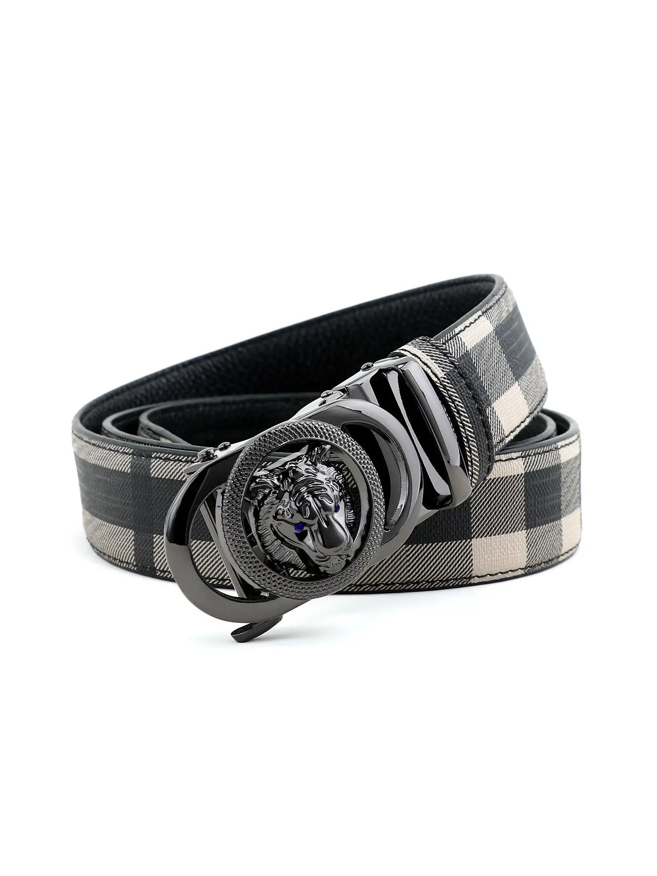 Men's Tiger Head Decor Automatic Buckle Real Designer Belt, Business Casual Plaid Pattern Pu Leather Belt for Work Office, Fashion Waistband for Party, Daily Clothing Decor, Trendy Exquisite Belt, Belt With Buckle, Belts Men