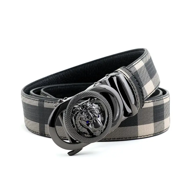 Men's Tiger Head Decor Automatic Buckle Real Designer Belt, Business Casual Plaid Pattern Pu Leather Belt for Work Office, Fashion Waistband for Party, Daily Clothing Decor, Trendy Exquisite Belt, Belt With Buckle, Belts Men