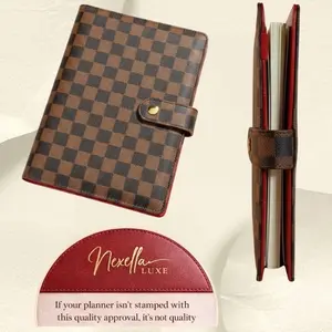 Nexella Luxe Red Interior A5 Checkered Planner Binder 6-Ring Detachable Checkered Leather Notebook Refillable Agenda Gift for Her Office Planner 2026 Gold or Rose Gold Hardware.