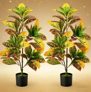 3ft Artificial Croton Tree Potted Plant - Realistic Low Maintenance Faux Plant, UV Resistant for Indoor Outdoor Boho Decor, Perfect for Home, Office, Front Porch, Patio, Pet Friendly