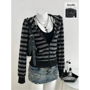 Gray & Black Striped Long Sleeve Loose Ribbed Zip-Up Hoodie Sweatshirt For Women, & Cute, Suitable For School, Graduation, Casual, Sports, Daily Wear In Autumn/Winter